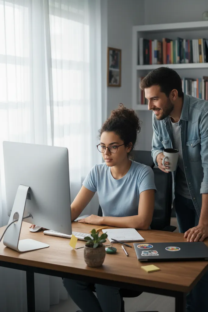 Homem em pé e mulher sentada observam computador em uma mesa.