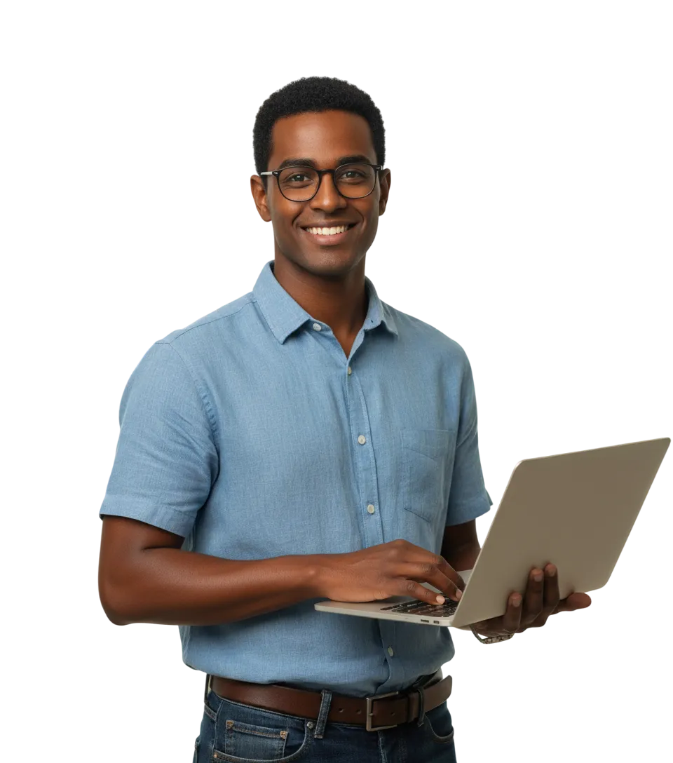 Homem segura laptop e sorri.